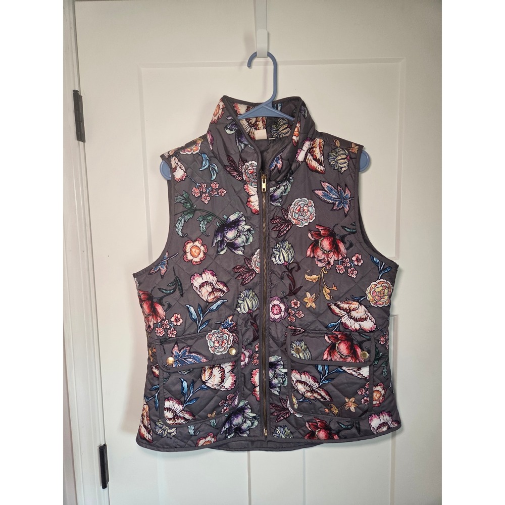 Artisan NY Floral Quilted Puffer Vest Grey Multicolor Sleeveless Zip Up XL